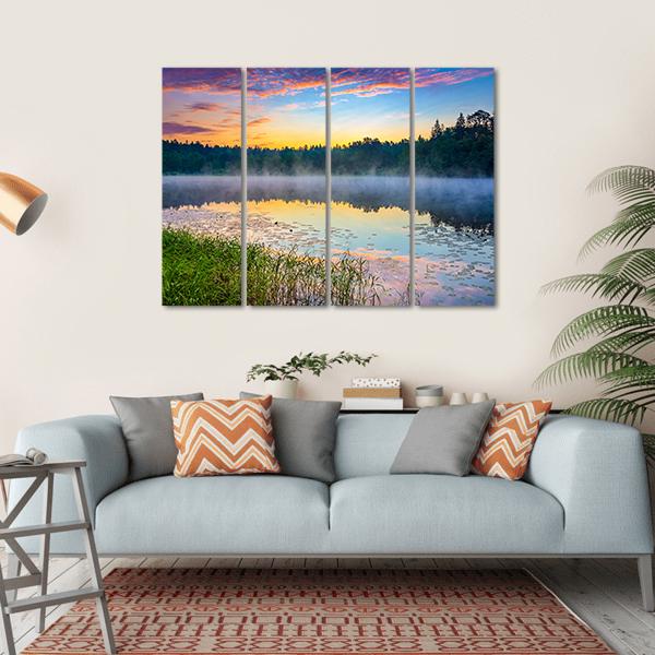 Sunrise Over Forest Lake Canvas Wall Art-4 Horizontal-Gallery Wrap-34" x 24"-Tiaracle