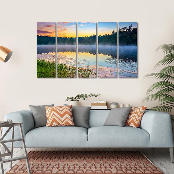 Sunrise Over Forest Lake Canvas Wall Art-5 Horizontal-Gallery Wrap-22" x 12"-Tiaracle