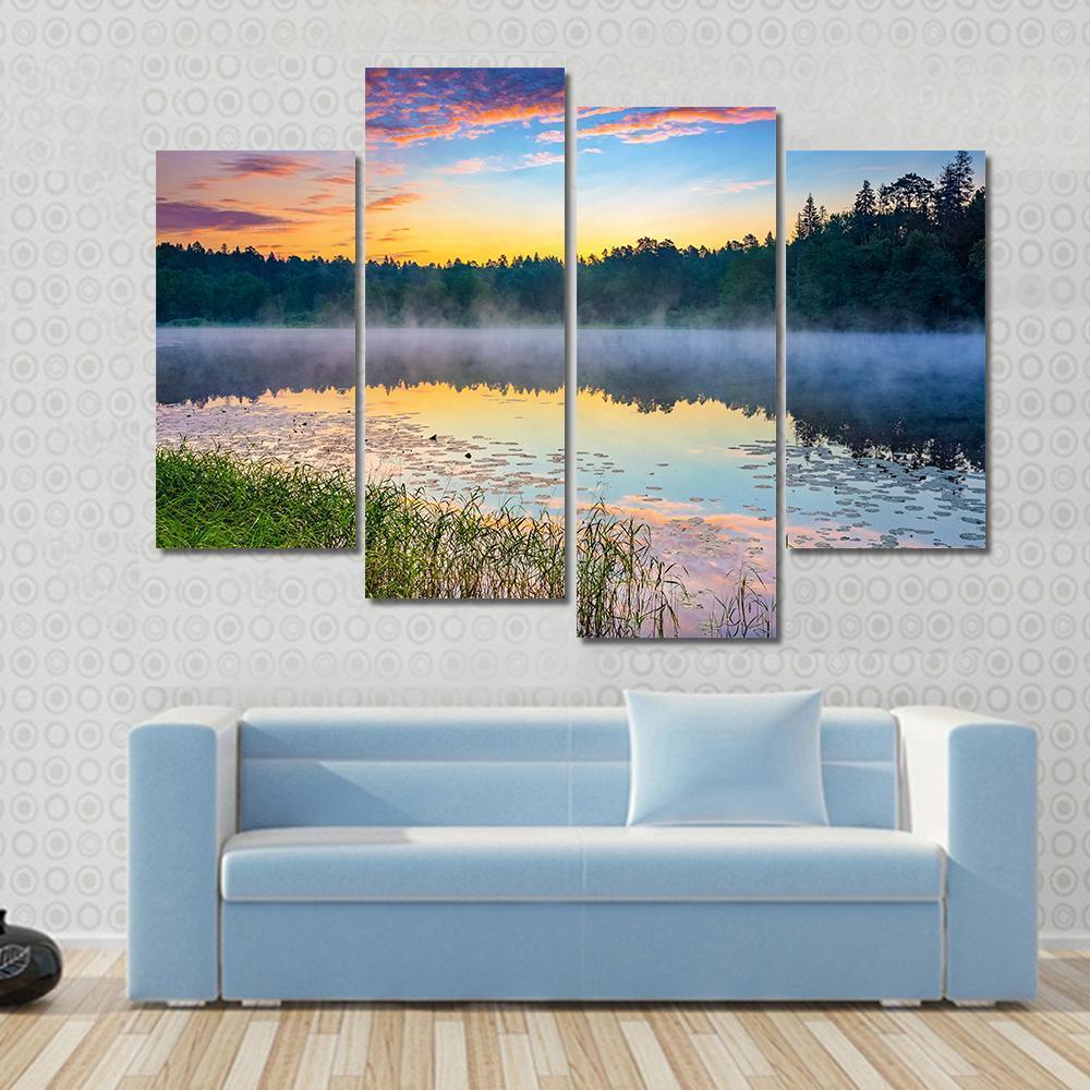 Sunrise Over Forest Lake Canvas Wall Art-4 Pop-Gallery Wrap-50" x 32"-Tiaracle