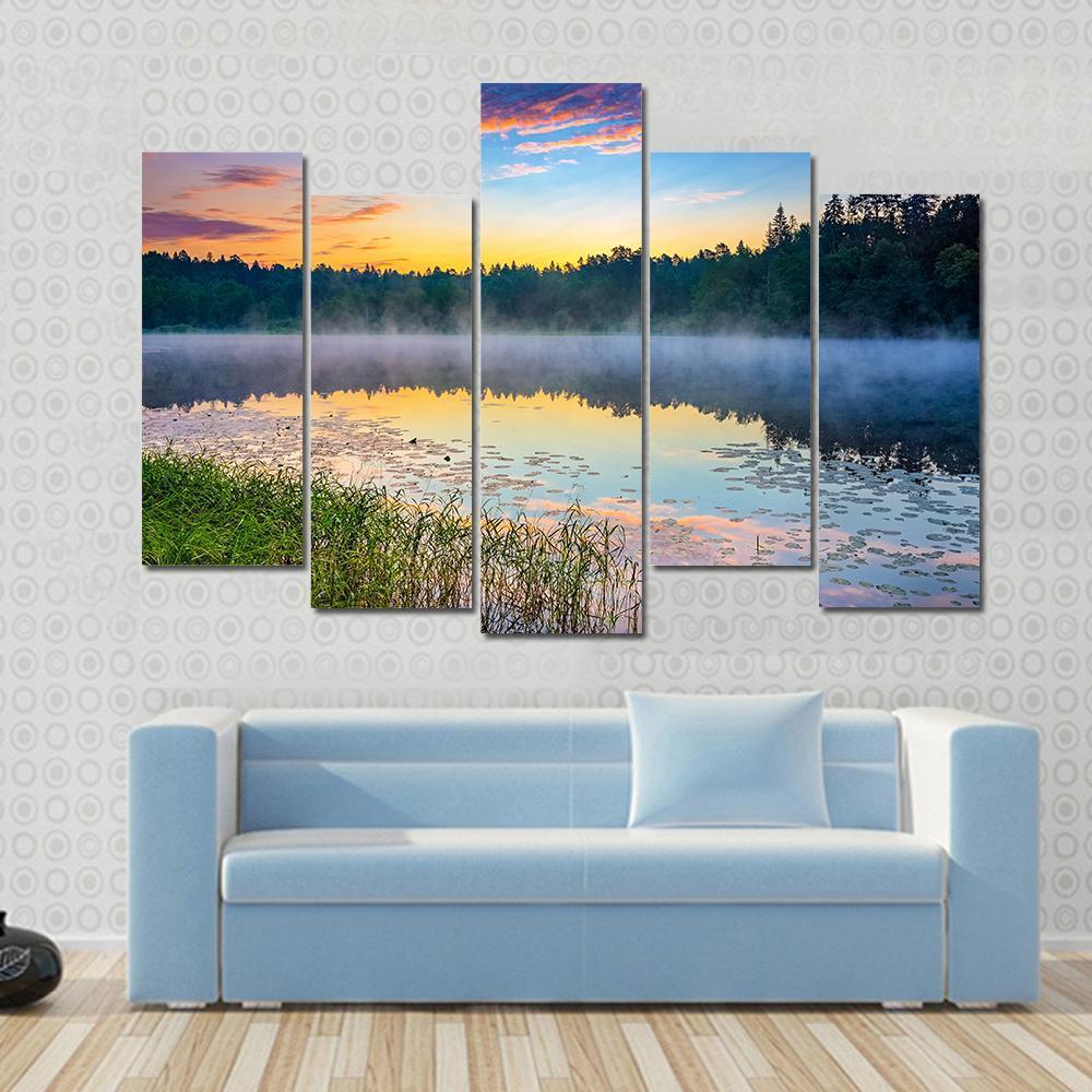 Sunrise Over Forest Lake Canvas Wall Art-5 Pop-Gallery Wrap-47" x 32"-Tiaracle
