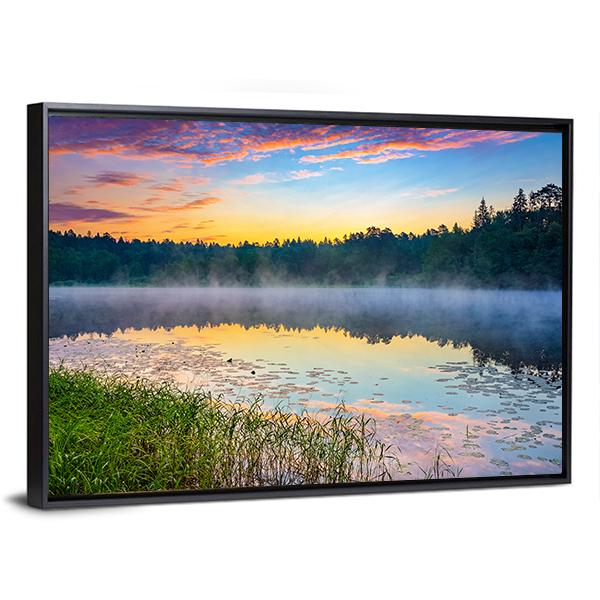 Sunrise Over Forest Lake Canvas Wall Art-3 Horizontal-Gallery Wrap-25" x 16"-Tiaracle