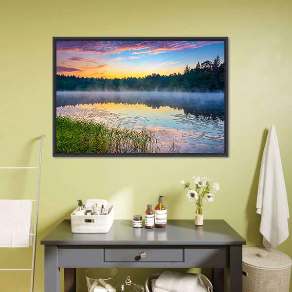 Sunrise Over Forest Lake Canvas Wall Art-1 Piece-Floating Frame-24" x 16"-Tiaracle