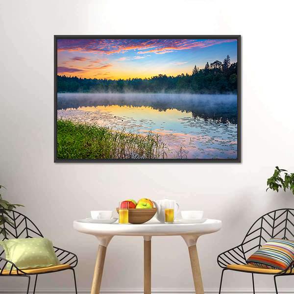 Sunrise Over Forest Lake Canvas Wall Art-3 Horizontal-Gallery Wrap-25" x 16"-Tiaracle