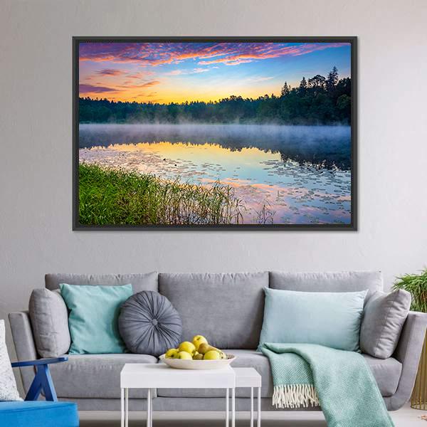 Sunrise Over Forest Lake Canvas Wall Art-3 Horizontal-Gallery Wrap-25" x 16"-Tiaracle