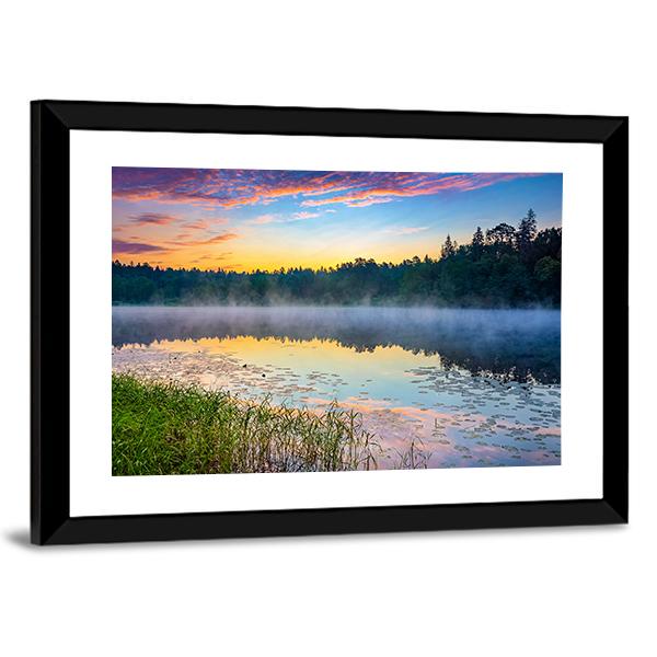 Sunrise Over Forest Lake Canvas Wall Art-3 Horizontal-Gallery Wrap-25" x 16"-Tiaracle