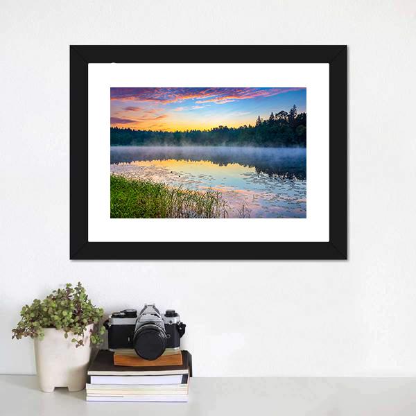 Sunrise Over Forest Lake Canvas Wall Art-1 Piece-Framed Print-20" x 16"-Tiaracle