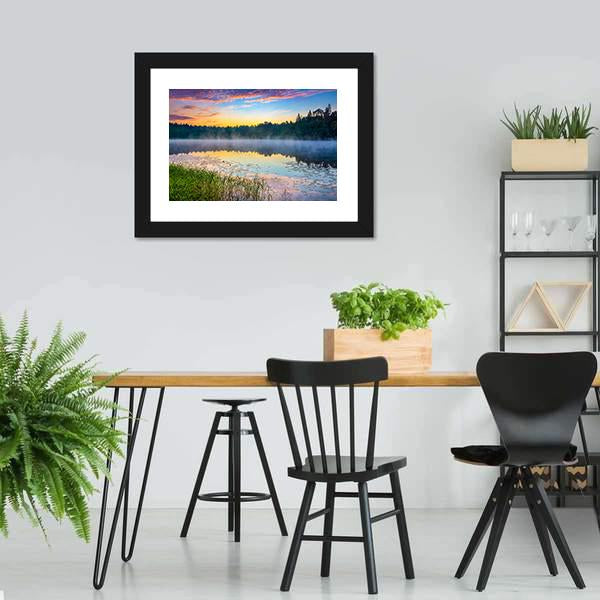 Sunrise Over Forest Lake Canvas Wall Art-3 Horizontal-Gallery Wrap-25" x 16"-Tiaracle