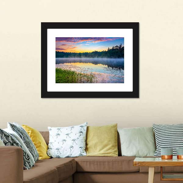 Sunrise Over Forest Lake Canvas Wall Art-3 Horizontal-Gallery Wrap-25" x 16"-Tiaracle