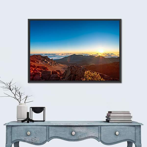 Sunrise Over Haleakala Volcano Crater Canvas Wall Art in brown, orange and blue, framed canvas, product view on a white background