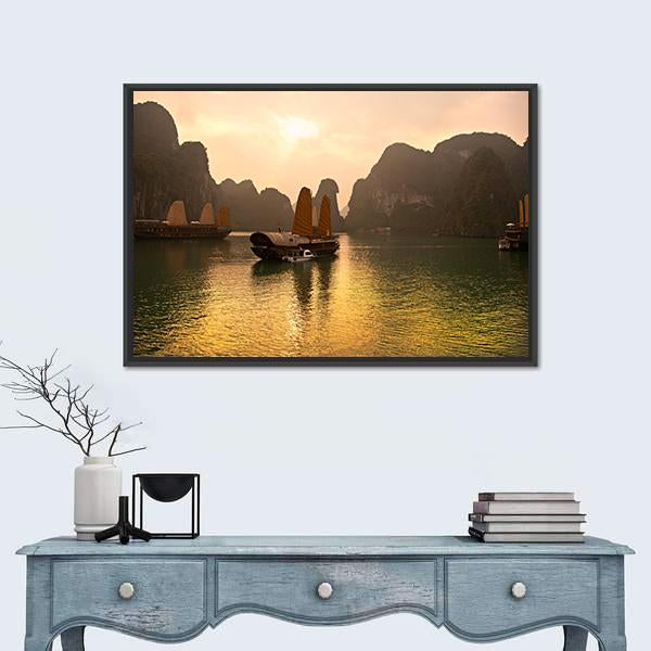 Sunrise Over Halong Bay In Vietnam Canvas Wall Art-1 Piece-Floating Frame-24" x 16"-Tiaracle