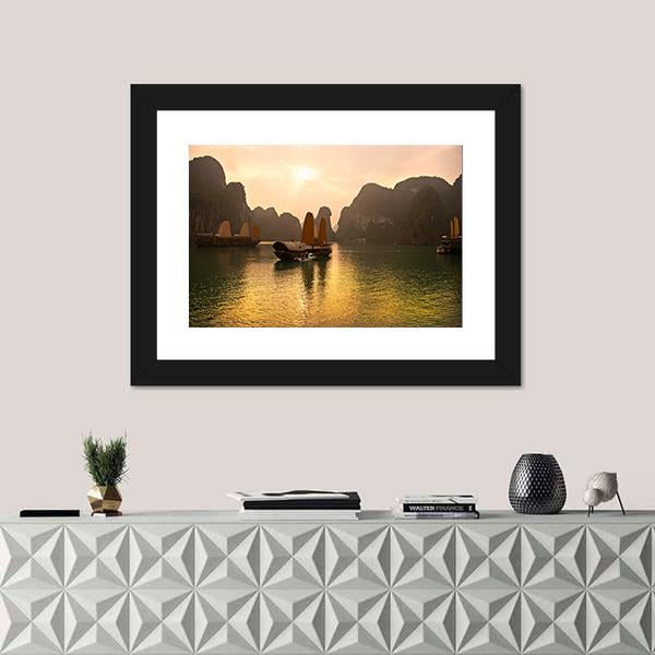 Sunrise Over Halong Bay In Vietnam Canvas Wall Art-1 Piece-Framed Print-20" x 16"-Tiaracle