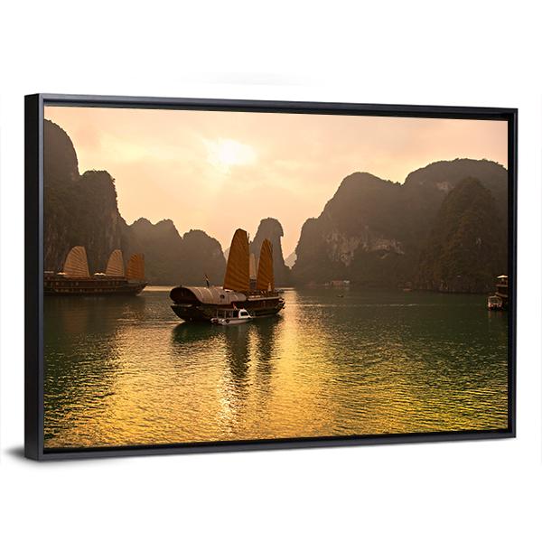 Sunrise Over Halong Bay In Vietnam Canvas Wall Art-3 Horizontal-Gallery Wrap-25" x 16"-Tiaracle