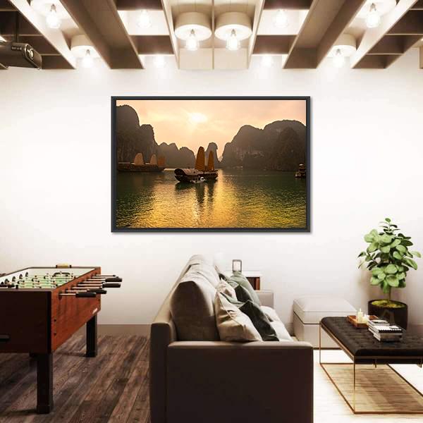 Sunrise Over Halong Bay In Vietnam Canvas Wall Art-1 Piece-Floating Frame-24" x 16"-Tiaracle