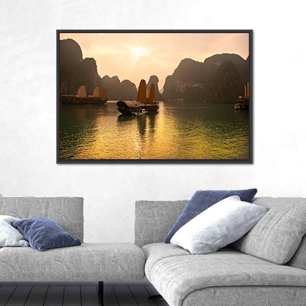 Sunrise Over Halong Bay In Vietnam Canvas Wall Art-3 Horizontal-Gallery Wrap-25" x 16"-Tiaracle