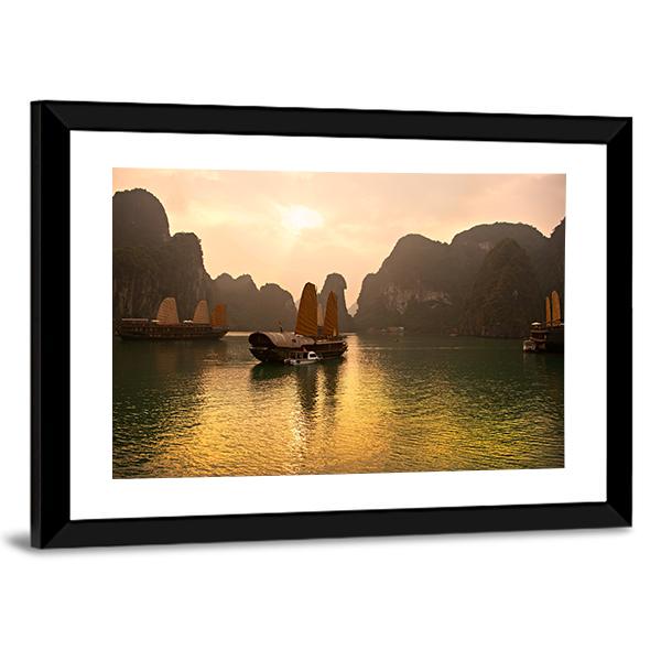 Sunrise Over Halong Bay In Vietnam Canvas Wall Art-3 Horizontal-Gallery Wrap-25" x 16"-Tiaracle