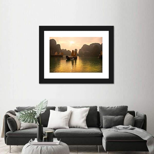 Sunrise Over Halong Bay In Vietnam Canvas Wall Art-1 Piece-Framed Print-20" x 16"-Tiaracle
