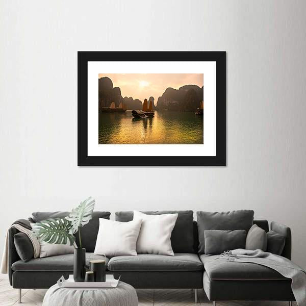Sunrise Over Halong Bay In Vietnam Canvas Wall Art-3 Horizontal-Gallery Wrap-25" x 16"-Tiaracle