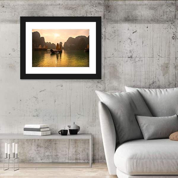 Sunrise Over Halong Bay In Vietnam Canvas Wall Art-3 Horizontal-Gallery Wrap-25" x 16"-Tiaracle