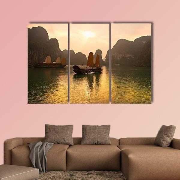 Sunrise Over Halong Bay In Vietnam Canvas Wall Art-3 Horizontal-Gallery Wrap-37" x 24"-Tiaracle