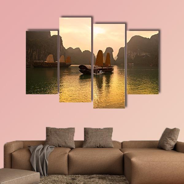 Sunrise Over Halong Bay In Vietnam Canvas Wall Art-4 Pop-Gallery Wrap-50" x 32"-Tiaracle
