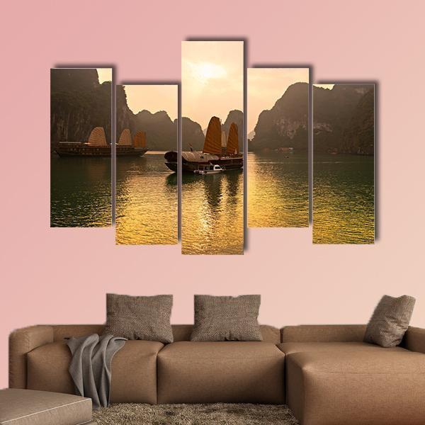 Sunrise Over Halong Bay In Vietnam Canvas Wall Art-1 Piece-Gallery Wrap-48" x 32"-Tiaracle