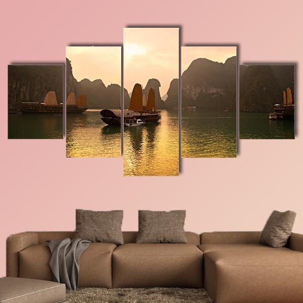 Sunrise Over Halong Bay In Vietnam Canvas Wall Art-5 Star-Gallery Wrap-62" x 32"-Tiaracle