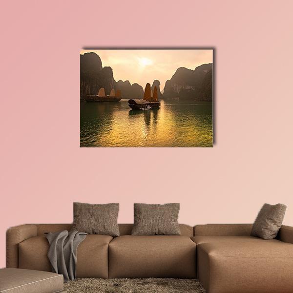 Sunrise Over Halong Bay, Vietnam Canvas Wall Art in brown, orange and yellow, single panel hung on a wall