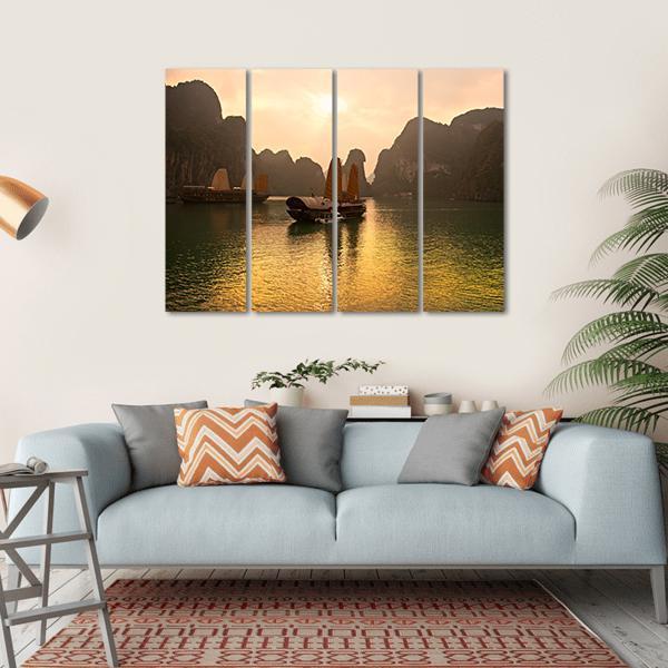 Sunrise Over Halong Bay In Vietnam Canvas Wall Art-4 Horizontal-Gallery Wrap-34" x 24"-Tiaracle
