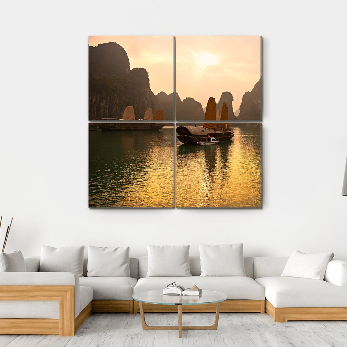 Sunrise Over Halong Bay In Vietnam Canvas Wall Art-4 Square-Gallery Wrap-17" x 17"-Tiaracle