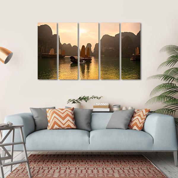 Sunrise Over Halong Bay In Vietnam Canvas Wall Art-5 Horizontal-Gallery Wrap-22" x 12"-Tiaracle