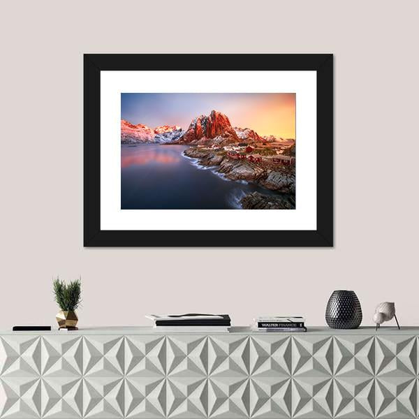 Sunrise Over Hamnoy In Lofoten Islands Norway Canvas Wall Art-1 Piece-Framed Print-20" x 16"-Tiaracle