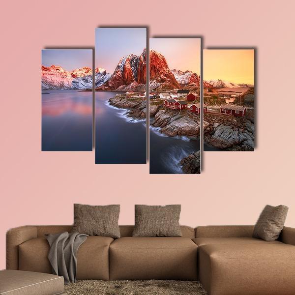 Sunrise Over Hamnoy In Lofoten Islands Norway Canvas Wall Art-4 Pop-Gallery Wrap-50" x 32"-Tiaracle