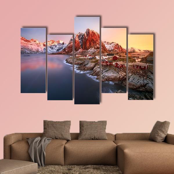 Sunrise Over Hamnoy In Lofoten Islands Norway Canvas Wall Art-5 Pop-Gallery Wrap-47" x 32"-Tiaracle