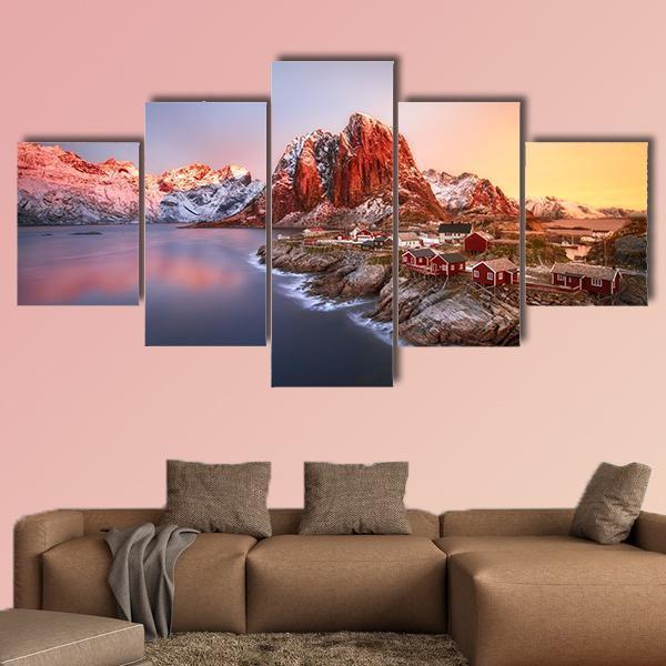 Sunrise Over Hamnoy In Lofoten Islands Norway Canvas Wall Art-5 Star-Gallery Wrap-62" x 32"-Tiaracle