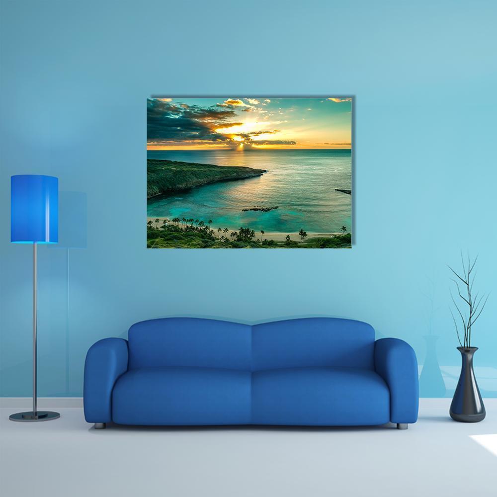 Sunrise Over Hanauma Bay, Oahu Canvas Wall Art in yellow, green and blue, single panel hung on a wall