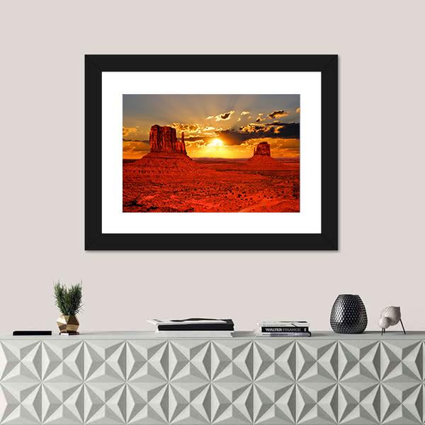 Sunrise Over Iconic Monument Valley Canvas Wall Art-1 Piece-Framed Print-20" x 16"-Tiaracle
