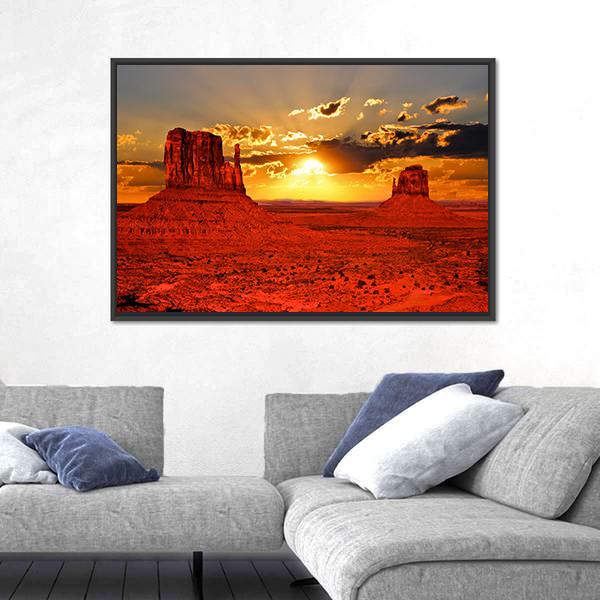 Sunrise Over Iconic Monument Valley Canvas Wall Art-3 Horizontal-Gallery Wrap-25" x 16"-Tiaracle