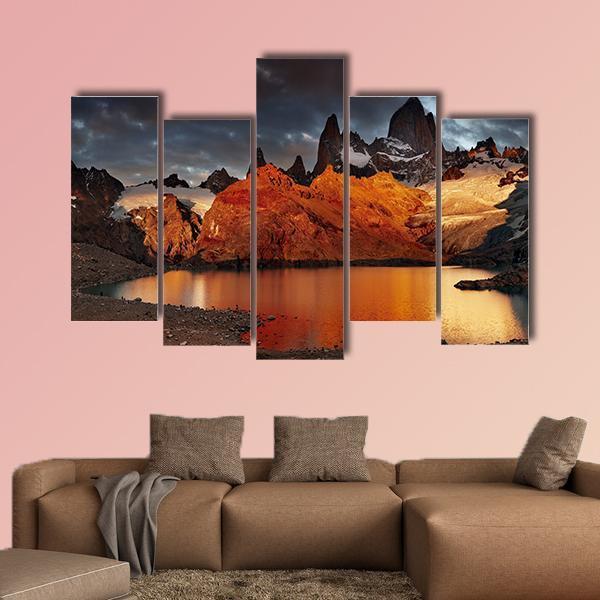 Sunrise Over Laguna De Los Tres And Mount Fitz Roy Canvas Wall Art-5 Pop-Gallery Wrap-47" x 32"-Tiaracle