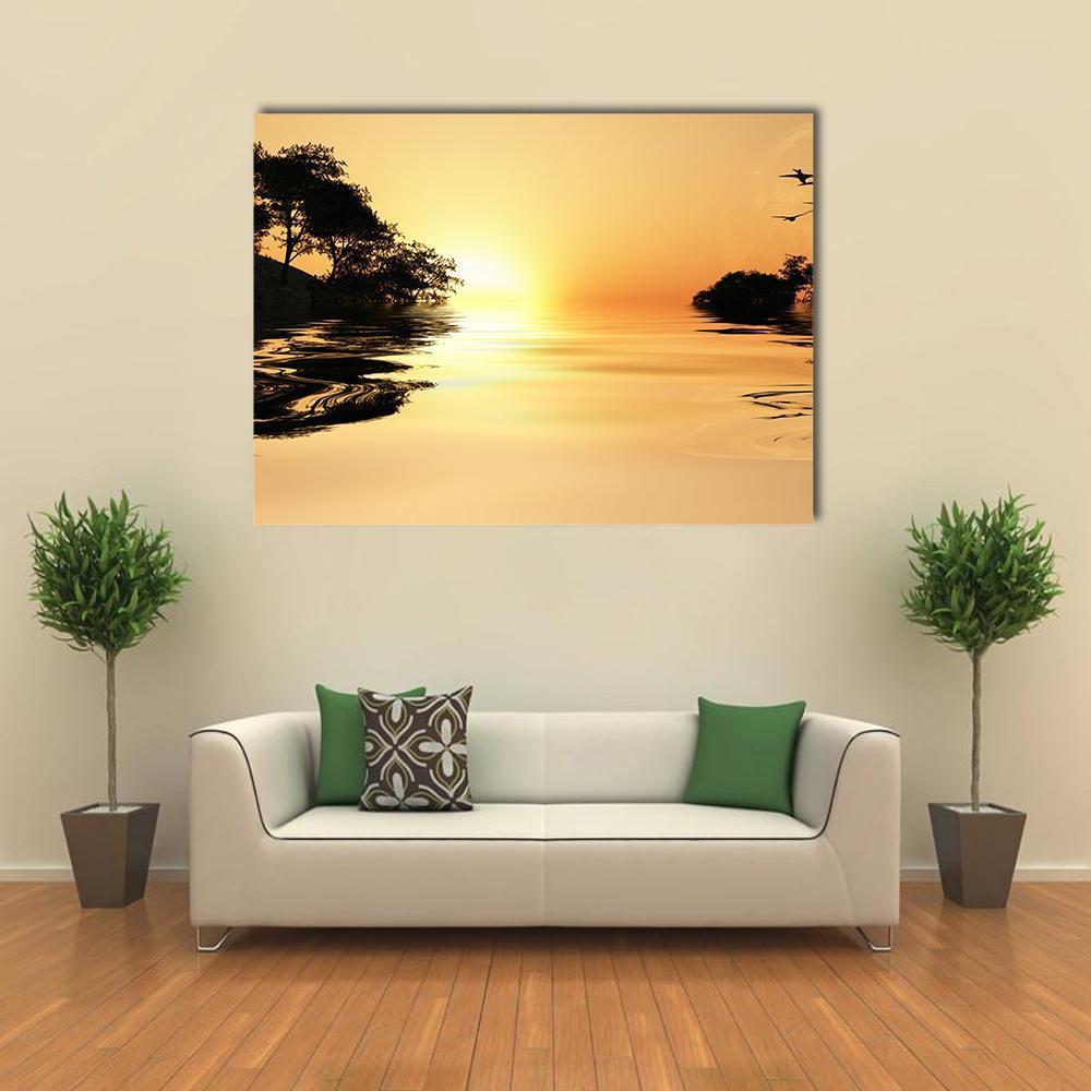 Sunrise Over Lake Canvas Wall Art in black, orange and yellow, single panel hung on a wall