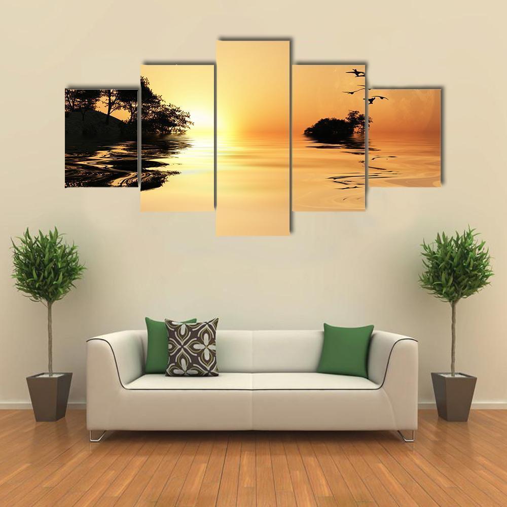 Sunrise Over Lake Canvas Wall Art-5 Star-Gallery Wrap-62" x 32"-Tiaracle