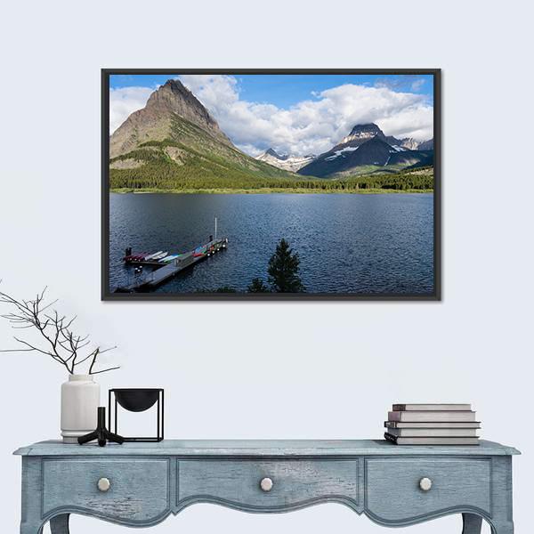 Sunrise Over Lake Swiftcurrent In Montana USA Canvas Wall Art-1 Piece-Floating Frame-24" x 16"-Tiaracle