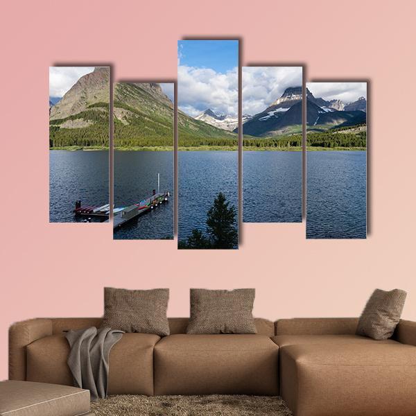 Sunrise Over Lake Swiftcurrent In Montana USA Canvas Wall Art-5 Pop-Gallery Wrap-47" x 32"-Tiaracle