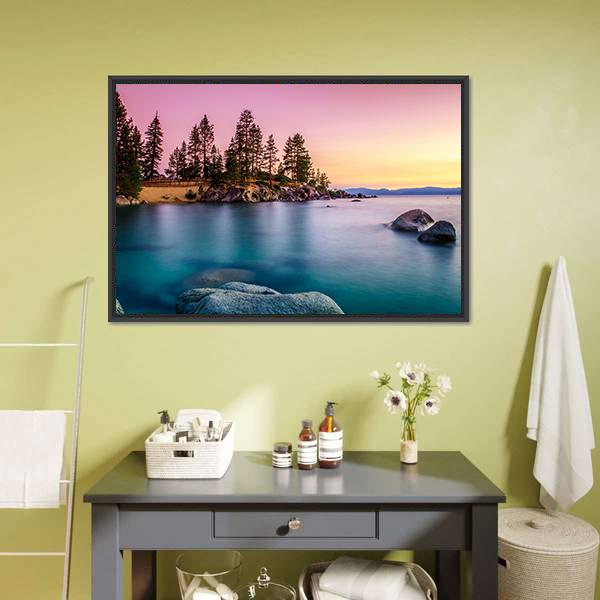 Sunrise Over Lake Tahoe Canvas Wall Art in orange, blue and pink, framed canvas, product view on a white background