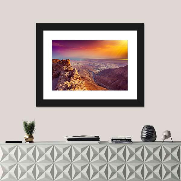 Sunrise Over Masada Fortress Canvas Wall Art-1 Piece-Framed Print-20" x 16"-Tiaracle