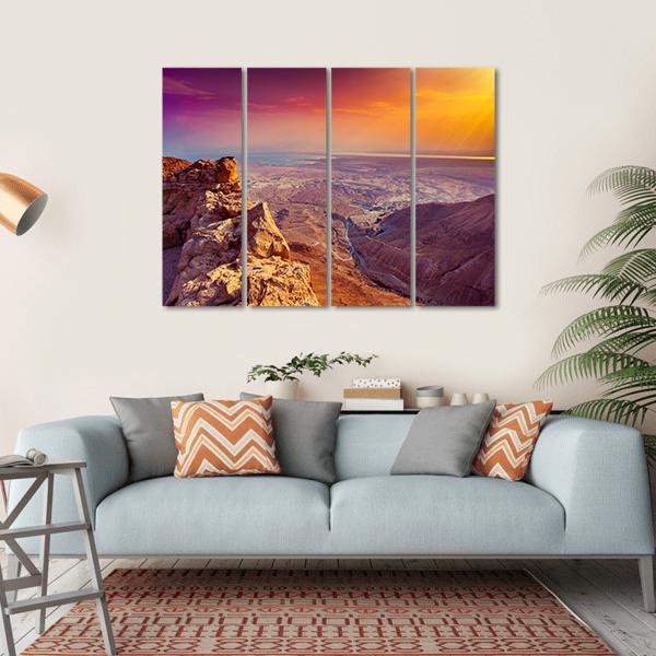 Sunrise Over Masada Fortress Canvas Wall Art-4 Horizontal-Gallery Wrap-34" x 24"-Tiaracle