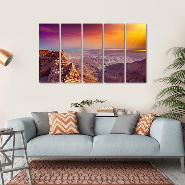 Sunrise Over Masada Fortress Canvas Wall Art-5 Horizontal-Gallery Wrap-22" x 12"-Tiaracle
