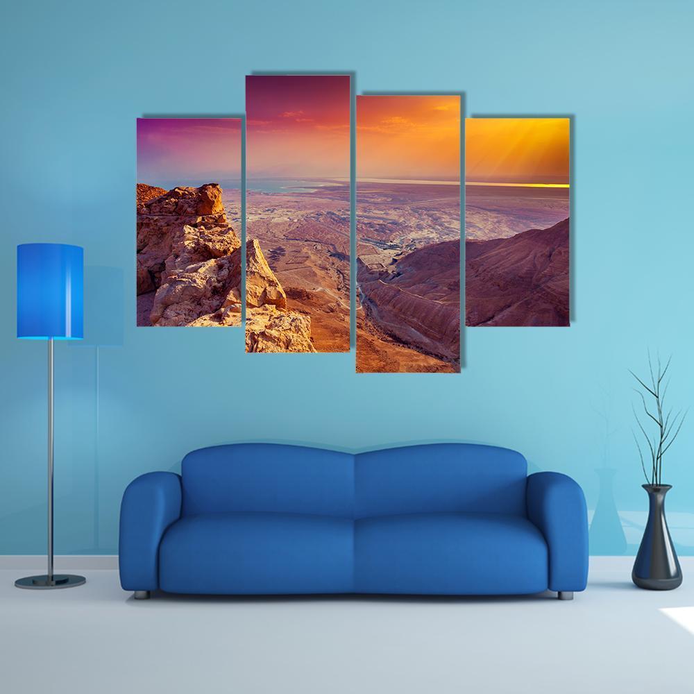 Sunrise Over Masada Fortress Canvas Wall Art-4 Pop-Gallery Wrap-50" x 32"-Tiaracle