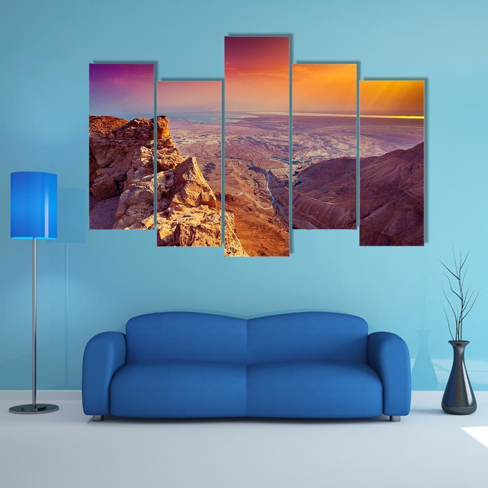 Sunrise Over Masada Fortress Canvas Wall Art-5 Pop-Gallery Wrap-47" x 32"-Tiaracle