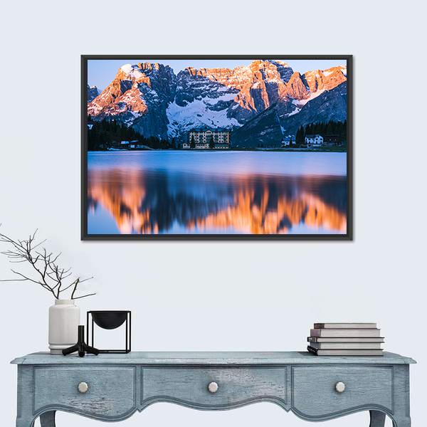 Sunrise Over Misurina Lake With Dolomites Mountains Canvas Wall Art-1 Piece-Floating Frame-24" x 16"-Tiaracle