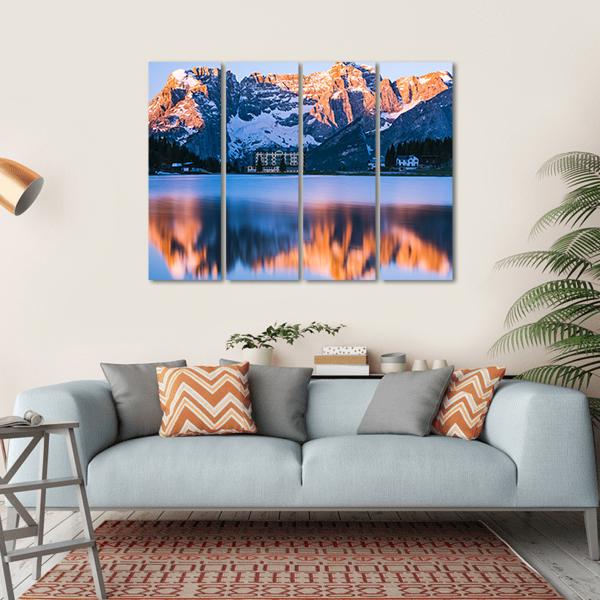 Sunrise Over Misurina Lake With Dolomites Mountains Canvas Wall Art-4 Horizontal-Gallery Wrap-34" x 24"-Tiaracle